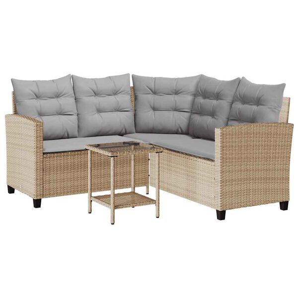 vidaXL Garden Sofa with Table&Cushions L-shaped Beige Poly Rattan