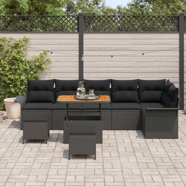 vidaXL Garden Sofa Set with Cushion 9 pcs Black Poly Rattan