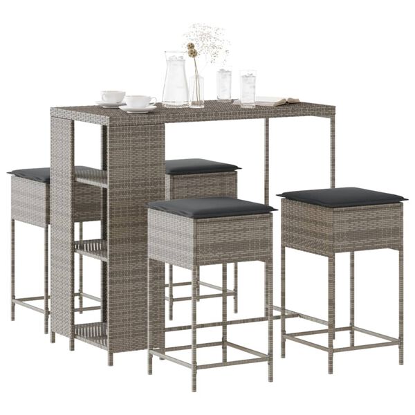 vidaXL 5 Piece Garden Bar Set with Cushions Grey Poly Rattan