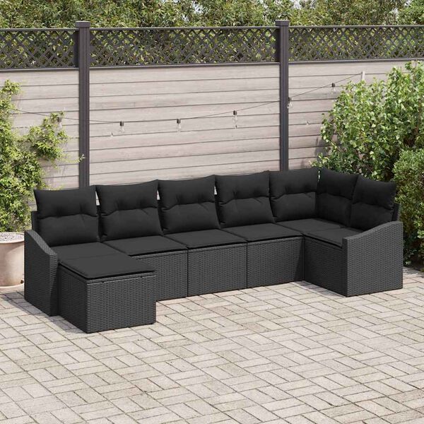 vidaXL Garden Sofa Set with Cushion 7 pcs Black Poly Rattan