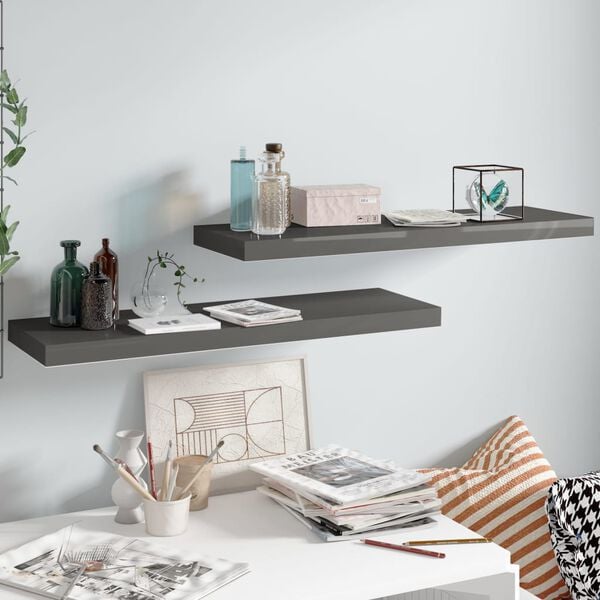 vidaXL Floating Wall Shelves 2 pcs High Gloss Grey 80x23.5x3.8 cm MDF