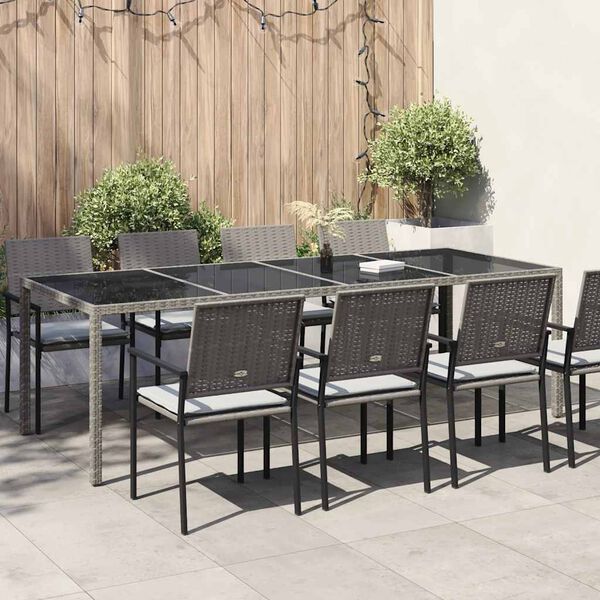 vidaXL Garden Table Grey 250x100x75 cm Tempered Glass and Poly Rattan