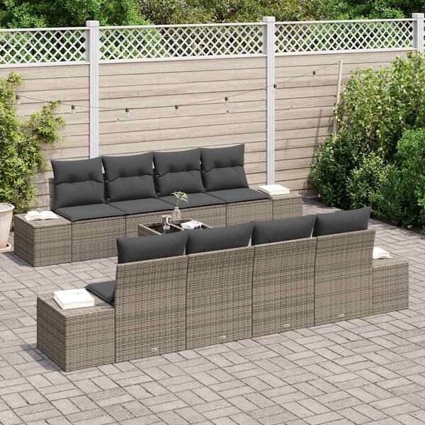vidaXL Garden Sofa Set with Cushion 8 pcs Grey Poly Rattan
