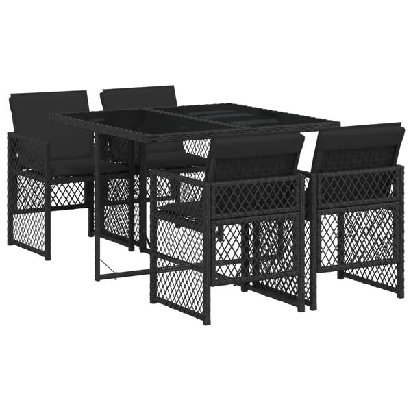 vidaXL 5 Piece Garden Dining Set with Cushions Black Poly Rattan
