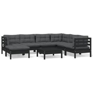 vidaXL 8 Piece Garden Lounge Set with Cushions Black Solid Pinewood