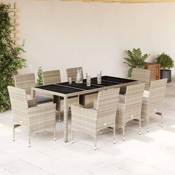 vidaXL 9 Piece Garden Dining Set with Cushions Light Grey Poly Rattan and Glass