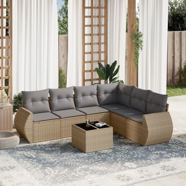 vidaXL 7 Piece Garden Sofa Set with Cushions Beige Poly Rattan