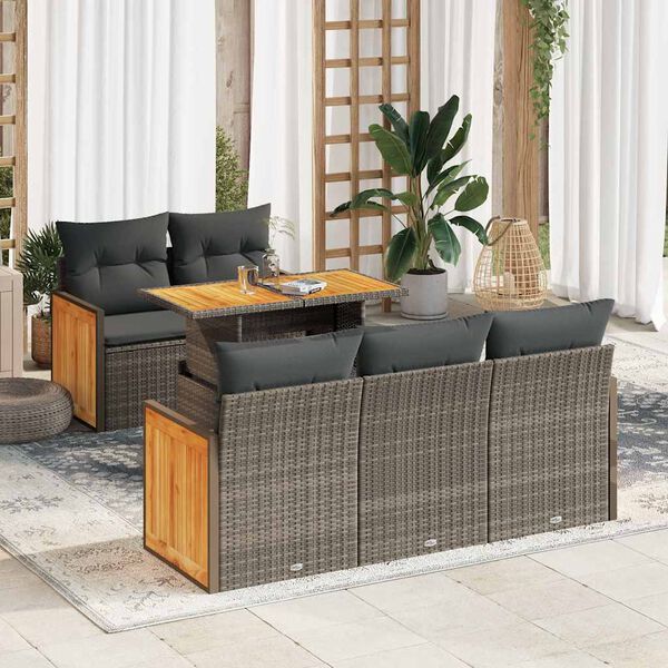 vidaXL 6 Piece Garden Sofa Set with Cushions Grey Poly Rattan Acacia
