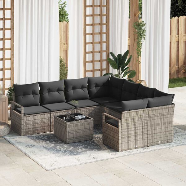 vidaXL Sofa Set with Cushion with Storage 9 pcs Grey Poly Rattan