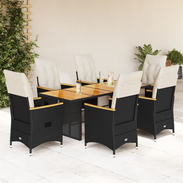 vidaXL 7 Piece Garden Bistro Set with Cushions Black Poly Rattan
