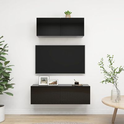 3079437 vidaXL 2 Piece TV Cabinet Set High Gloss Black Chipboard (801479+801488)