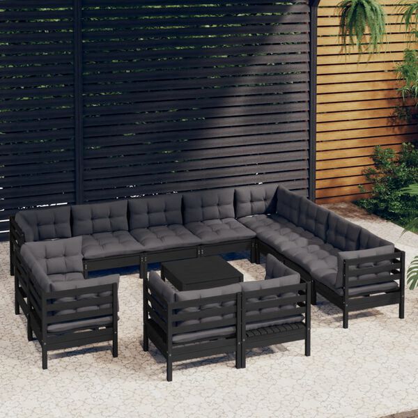 vidaXL 13 Piece Garden Lounge Set with Cushions Black Solid Pinewood