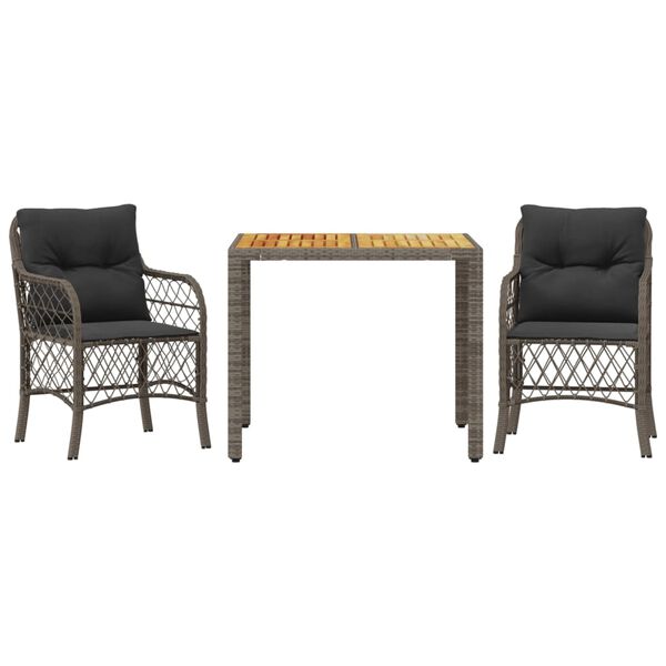 vidaXL 3 Piece Bistro Set with Cushions Grey Poly Rattan