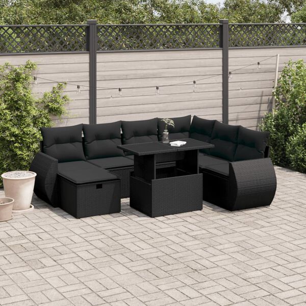 vidaXL 8 Piece Garden Sofa Set with Cushions Black Poly Rattan