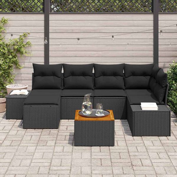 vidaXL Garden Sofa Set with Cushion 7 pcs Black Poly Rattan