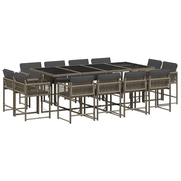 vidaXL 13 Piece Garden Dining Set with Cushions Grey Poly Rattan