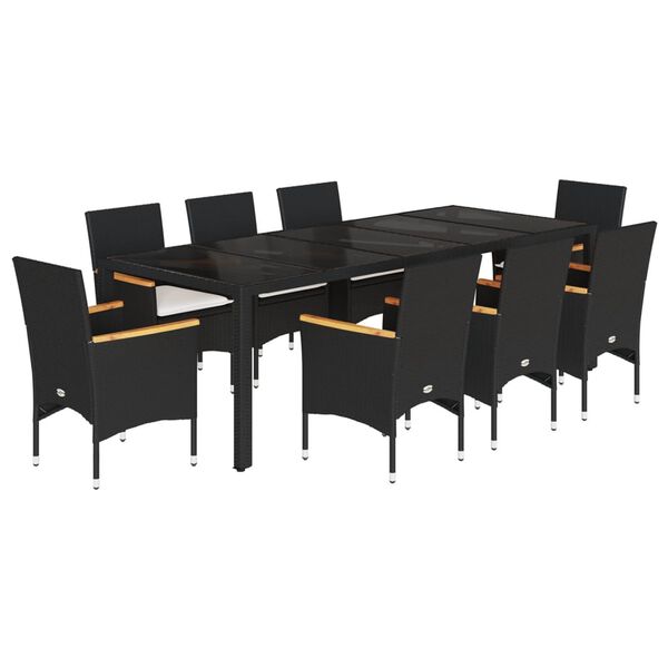 vidaXL 9 Piece Garden Dining Set with Cushions Black Poly Rattan and Glass