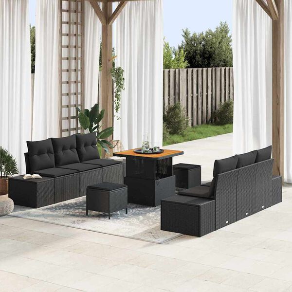 vidaXL Garden Sofa Set with Cushion 9 pcs Black Poly rattan