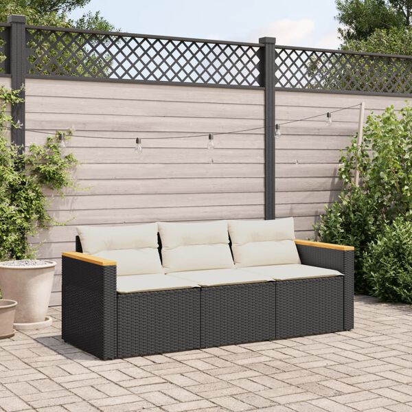 vidaXL Garden Sofa with Cushions 3-Seater Black Poly Rattan
