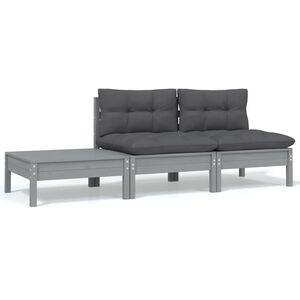 vidaXL 3 Piece Garden Lounge Set with Cushions Grey Solid Pinewood