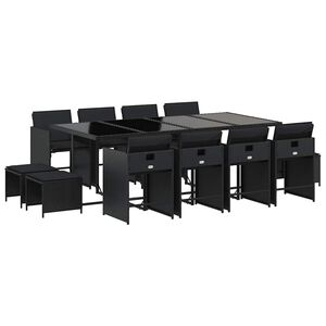 vidaXL 13 Piece Garden Dining Set with Cushions Black Poly Rattan