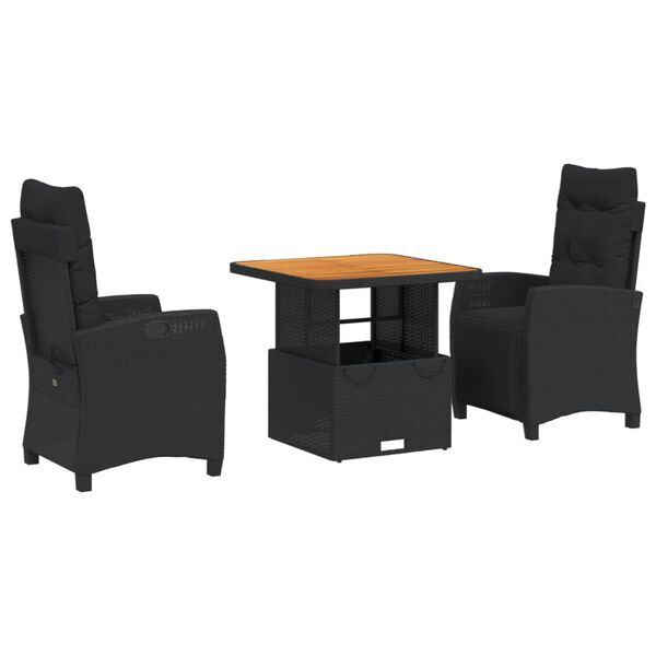 vidaXL 3 Piece Garden Dining Set with Cushions Black Poly Rattan