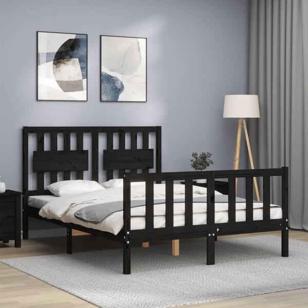 vidaXL Bed Frame without Mattress Black Double Solid Wood Pine