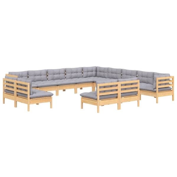 vidaXL 13 Piece Garden Lounge Set with Grey Cushions Solid Pinewood