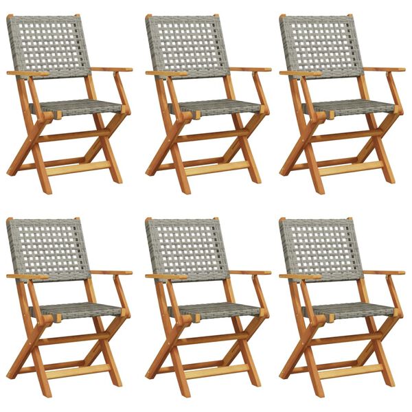 vidaXL Folding Garden Chairs 6 pcs Grey Poly Rattan and Solid Wood