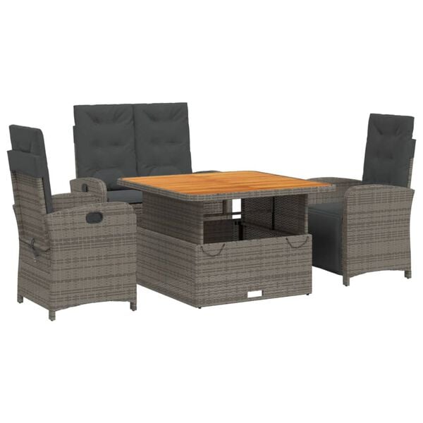 vidaXL 4 Piece Garden Dining Set with Cushions Grey Poly Rattan