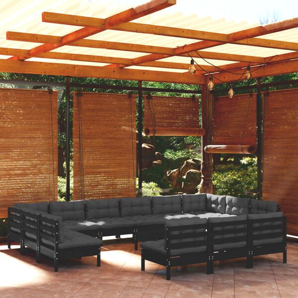 vidaXL 14 Piece Garden Lounge Set with Cushions Black Solid Pinewood