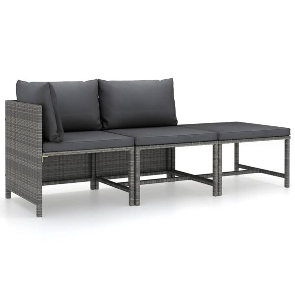 vidaXL 3 Piece Garden Lounge Set with Cushions Poly Rattan Grey