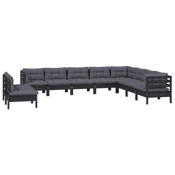 vidaXL 10 Piece Garden Lounge Set with Cushions Black Solid Pinewood