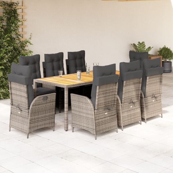 vidaXL 9 Piece Garden Dining Set with Cushions Grey Poly Rattan