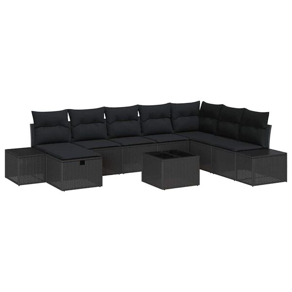 vidaXL Garden Sofa Set with Cushion 9 pcs Black Poly Rattan