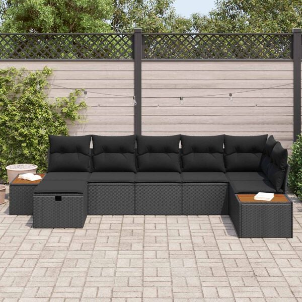vidaXL Garden Sofa Set with Pillow 7 pcs Black Poly rattan