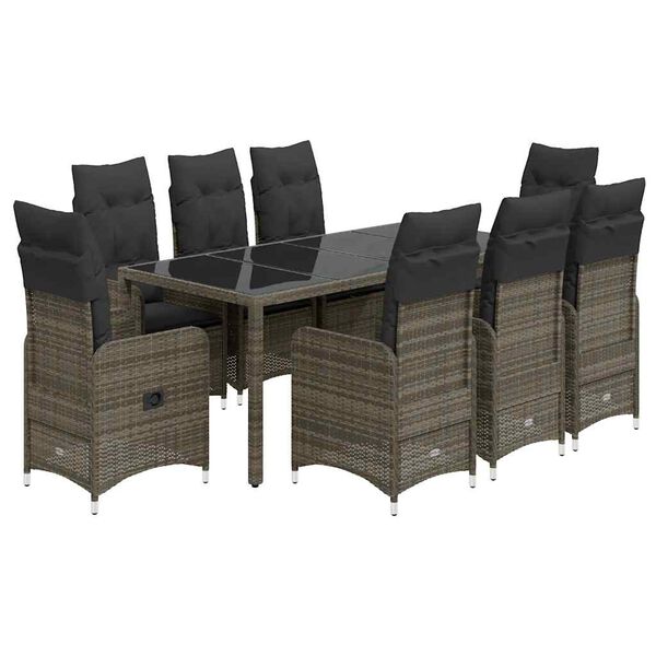 vidaXL 9 Piece Garden Bistro Set with Cushions Grey Poly Rattan