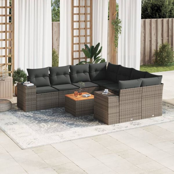 vidaXL 9 Piece Garden Sofa Set with Cushions Grey Poly Rattan