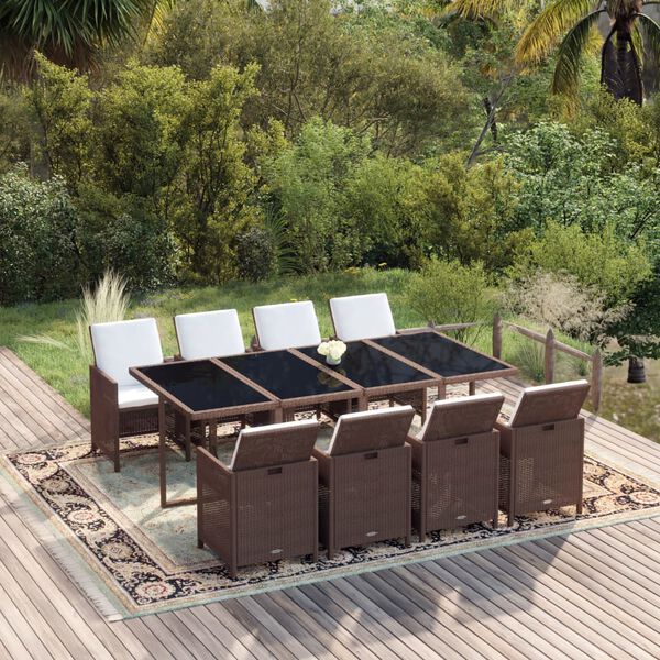 vidaXL 9 Piece Garden Dining Set with Cushions Poly Rattan Brown