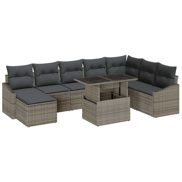 vidaXL Garden Sofa Set 9 pcs Grey Poly Rattan and Powder-Coated Steel