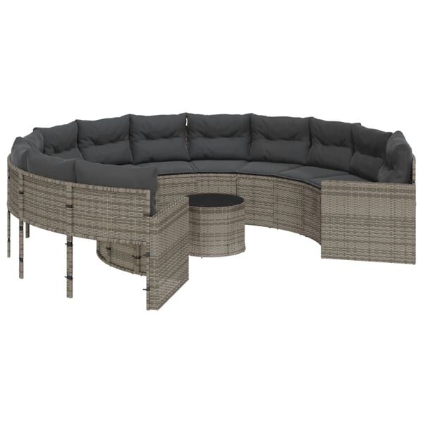 vidaXL Garden Sofa with Table and Cushions Round Grey Poly Rattan