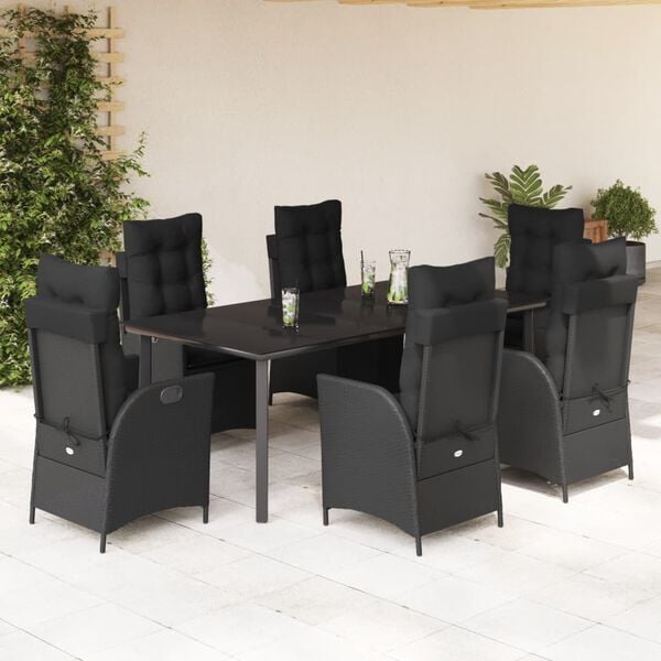 vidaXL 7 Piece Garden Dining Set with Cushions Black Poly Rattan