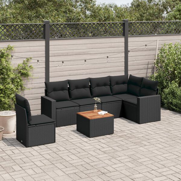 vidaXL 7 Piece Garden Sofa Set with Cushions Black Poly Rattan