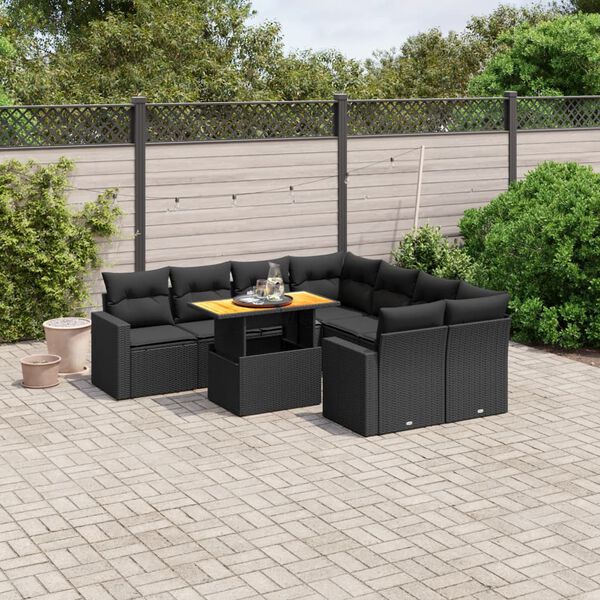vidaXL 9 Piece Garden Sofa Set with Cushions Black Poly Rattan