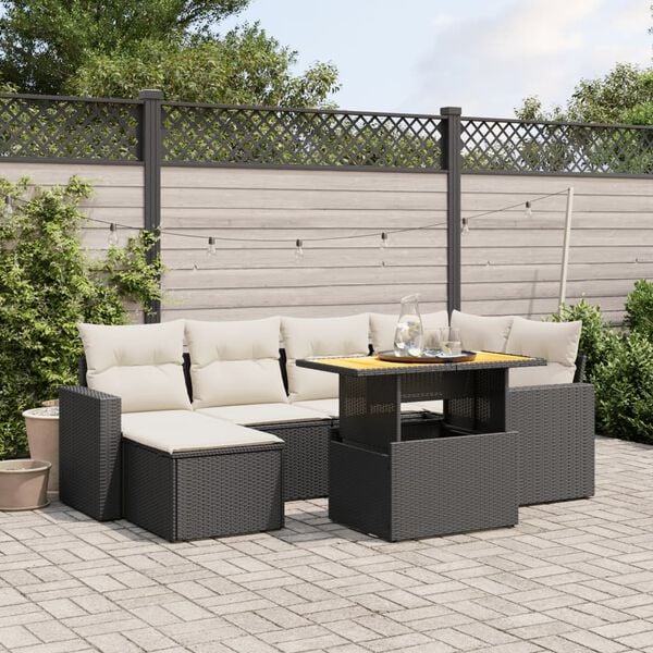vidaXL 7 Piece Garden Sofa Set with Cushions Black Poly Rattan