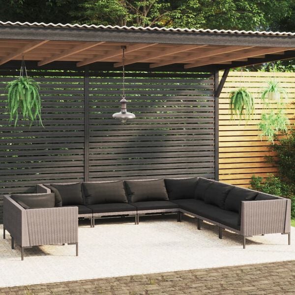 vidaXL 9 Piece Garden Lounge Set with Cushions Poly Rattan Dark Grey