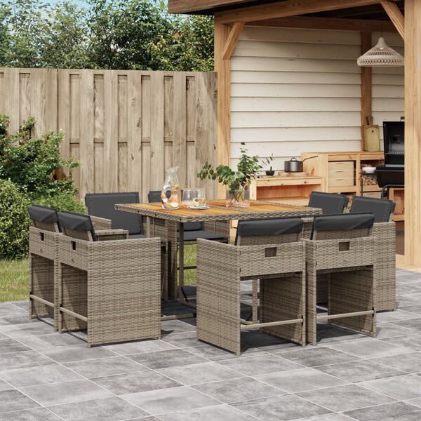 vidaXL 9 Piece Garden Dining Set with Cushions Grey Poly Rattan