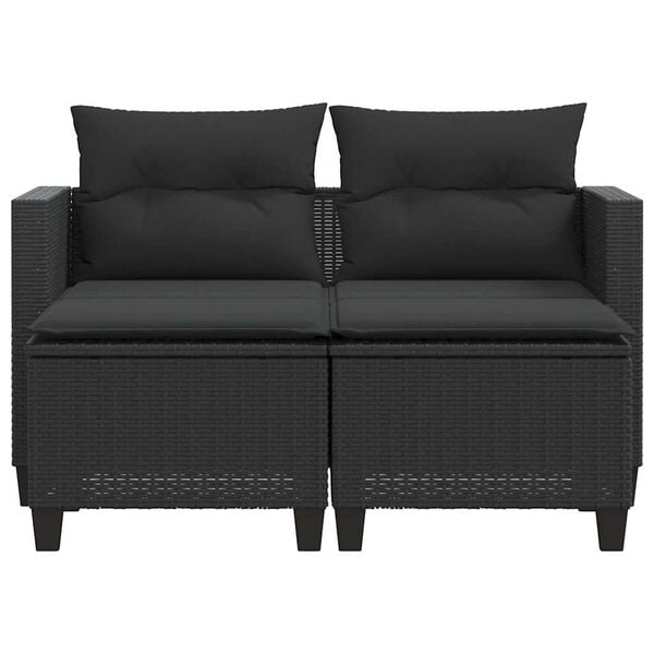 vidaXL Garden Sofa 2-Seater with Stools Black Poly Rattan