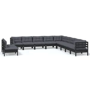 vidaXL 11 Piece Garden Lounge Set with Cushions Black Solid Pinewood
