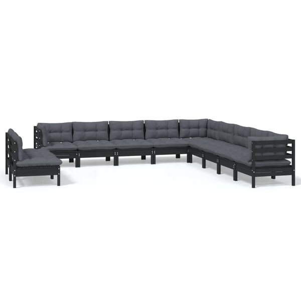 vidaXL 11 Piece Garden Lounge Set with Cushions Black Solid Pinewood